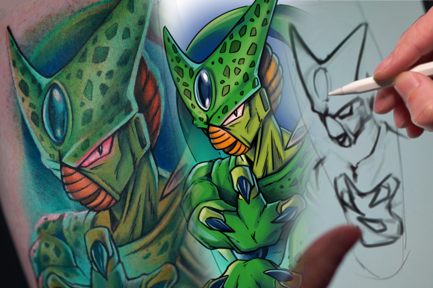 diferentes partes del proceso de un tatuaje de anime a todo color de Cell, Dragon Ball, en Alicante Elda, Madrid, Barcelona, Asturias, Spain.
